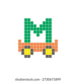 A flat pixel design made of geometric square color blocks on a clean icon layout. Suitable for creative modern elements, isolated items, or bright craft projects. Pixel art cart and letter M