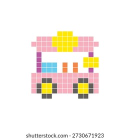 A flat pixel design made of geometric square color blocks on a clean icon layout. Suitable for creative modern elements, isolated items, or bright craft projects. Pixel art food cart