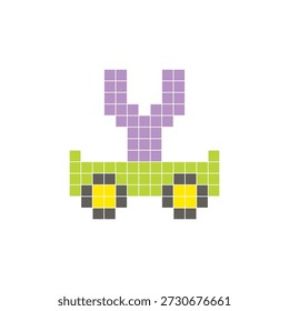 A flat pixel design made of geometric square color blocks on a clean icon layout. Suitable for creative modern elements, isolated items, or bright craft projects. Pixel art cart and letter Y
