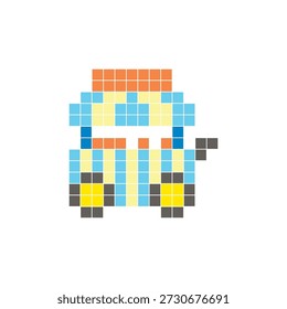 A flat pixel design made of geometric square color blocks on a clean icon layout. Suitable for creative modern elements, isolated items, or bright craft projects. Pixel art food cart