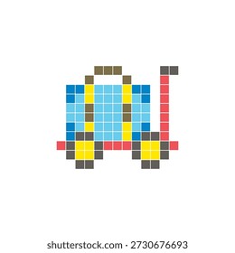 A flat pixel design made of geometric square color blocks on a clean icon layout. Suitable for creative modern elements, isolated items, or bright craft projects. Pixel art luggage and a suitcase