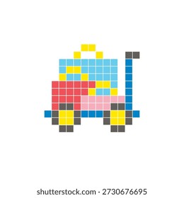 A flat pixel design made of geometric square color blocks on a clean icon layout. Suitable for creative modern elements, isolated items, or bright craft projects. Pixel art luggage and bags