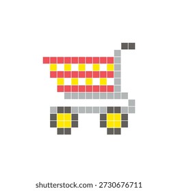 A flat pixel design made of geometric square color blocks on a clean icon layout. Suitable for creative modern elements, isolated items, or bright craft projects. Pixel art shopping cart