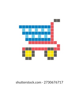Um design de pixel plano feito de blocos de cores quadradas geométricas em um layout de ícone limpo. Adequado para elementos criativos modernos, itens isolados ou projetos de artesanato brilhante. Carrinho de compras Pixel art