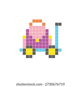 A flat pixel design made of geometric square color blocks on a clean icon layout. Suitable for creative modern elements, isolated items, or bright craft projects. Pixel art luggage and a bag