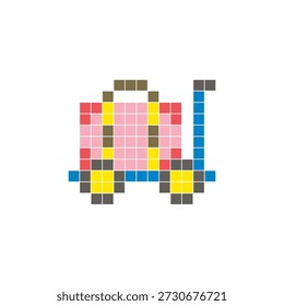 A flat pixel design made of geometric square color blocks on a clean icon layout. Suitable for creative modern elements, isolated items, or bright craft projects. Pixel art luggage and a suitcase