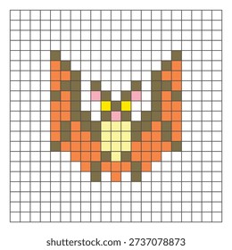 A flat pixel design made of geometric square color blocks on a clean grid layout. Suitable for educational game elements, icons, or craft patterns. Pixel art bat