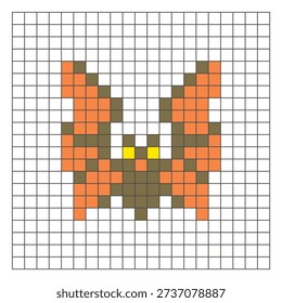 A flat pixel design made of geometric square color blocks on a clean grid layout. Suitable for educational game elements, icons, or craft patterns. Pixel art bat