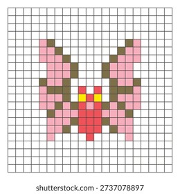 A flat pixel design made of geometric square color blocks on a clean grid layout. Suitable for educational game elements, icons, or craft patterns. Pixel art bat