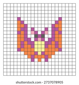 A flat pixel design made of geometric square color blocks on a clean grid layout. Suitable for educational game elements, icons, or craft patterns. Pixel art bat