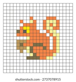 A flat pixel design made of geometric square color blocks on a clean grid layout. Suitable for educational game elements, icons, or craft patterns. Pixel art squirrel