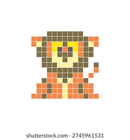 A flat pixel design made of geometric square color blocks on a clean icon layout. Suitable for creative modern elements, isolated items, or bright craft projects. Pixel art lion