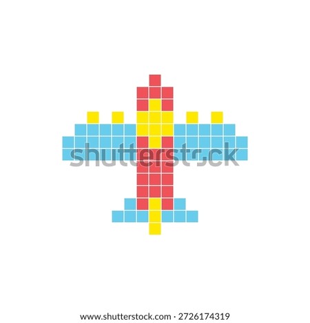 A flat pixel design made of geometric square color blocks on a clean icon layout. Suitable for creative modern elements, isolated items, or bright craft projects. Pixel art aircraft