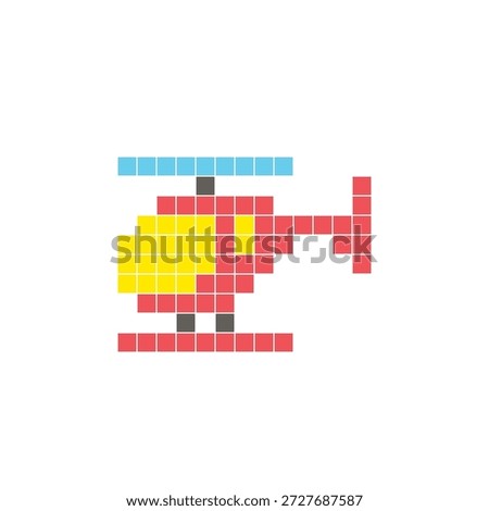 A flat pixel design made of geometric square color blocks on a clean icon layout. Suitable for creative modern elements, isolated items, or bright craft projects. Pixel art helicopter