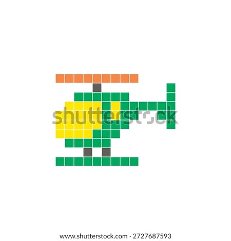 A flat pixel design made of geometric square color blocks on a clean icon layout. Suitable for creative modern elements, isolated items, or bright craft projects. Pixel art helicopter