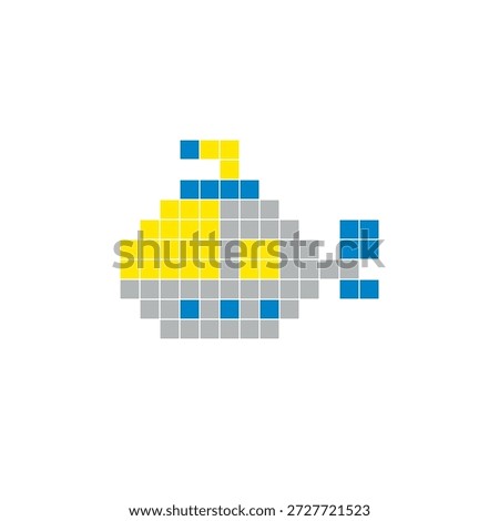 A flat pixel design made of geometric square color blocks on a clean icon layout. Suitable for creative modern elements, isolated items, or bright craft projects. Pixel art submarine