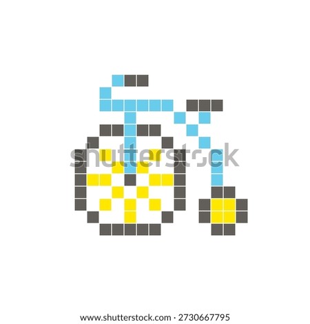 A flat pixel design made of geometric square color blocks on a clean icon layout. Suitable for creative modern elements, isolated items, or bright craft projects. Pixel art penny farthing bicycle
