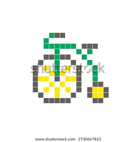 A flat pixel design made of geometric square color blocks on a clean icon layout. Suitable for creative modern elements, isolated items, or bright craft projects. Pixel art penny farthing bicycle