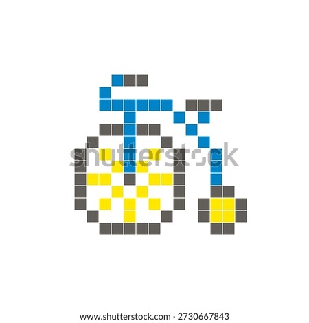 A flat pixel design made of geometric square color blocks on a clean icon layout. Suitable for creative modern elements, isolated items, or bright craft projects. Pixel art penny farthing bicycle