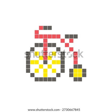 A flat pixel design made of geometric square color blocks on a clean icon layout. Suitable for creative modern elements, isolated items, or bright craft projects. Pixel art penny farthing bicycle