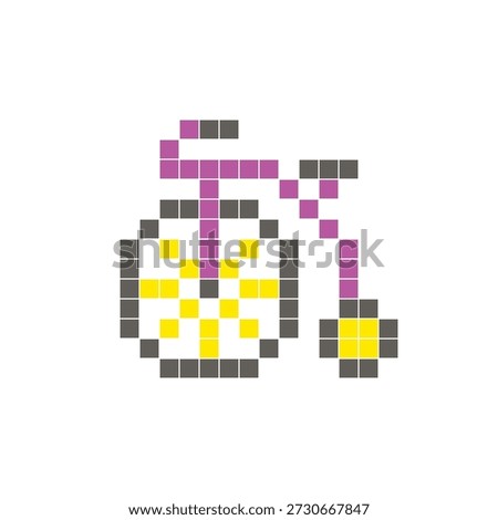 A flat pixel design made of geometric square color blocks on a clean icon layout. Suitable for creative modern elements, isolated items, or bright craft projects. Pixel art penny farthing bicycle