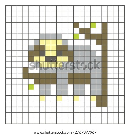 A flat pixel design made of geometric square color blocks on a clean grid layout. Suitable for educational game elements, icons, or craft patterns. Pixel art sloth
