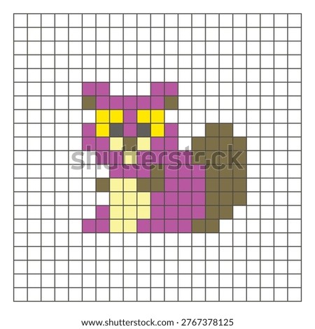 A flat pixel design made of geometric square color blocks on a clean grid layout. Suitable for educational game elements, icons, or craft patterns. Pixel art beaver