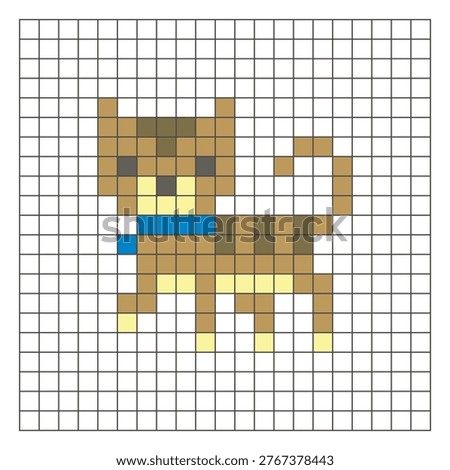 A flat pixel design made of geometric square color blocks on a clean grid layout. Suitable for educational game elements, icons, or craft patterns. Pixel art cat