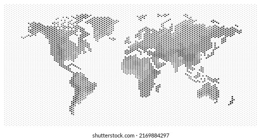 puntos de píxel plano con el océano Atlántico en el diseño de puntos de hexágonos. Pancarta con dibujos a fondo del planeta Tierra. Todos los continentes del mundo en una imagen de píxel hexagonal Dotted.