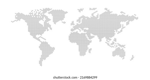 flat pixel dots world map with Atlantic Ocean in the design of points dots of hexagons. Planet Earth background Dotted banner. All the continents of the world in one picture of hexagons pixel Dotted.