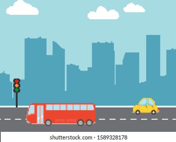 Flat pixel vector cartoon style illustration of urban landscape street with cars, bus, skyline city office buildings. Pixel art 8 bit. Cars on the road.