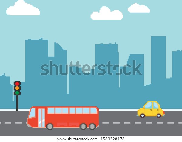 Flat pixel vector cartoon style\
illustration of urban landscape street with cars, bus, skyline city\
office buildings. Pixel art 8 bit. Cars on the\
road.