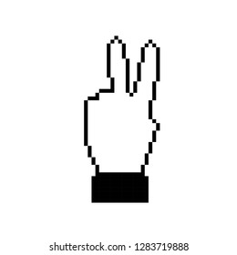 Flat pixelated hand gesture. Pixel peace symbol. Non-verbal or manual communication, emotional expressions, body language. Vector illustration. Isolated