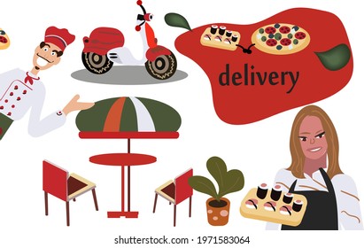 flat pizza delivery concept with cook character , girl orders ,cafe and delivery vector illustration.