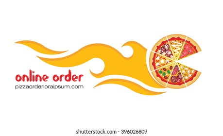 Flat pizza delivery. Vector pizza online. Flat vector pizza online delivery logo. Order pizza online. 