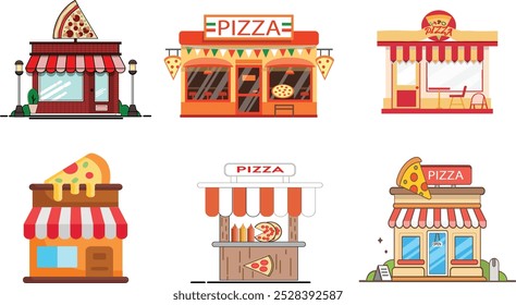 Flat pizza fast food shop vector set.