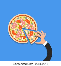  Flat pizza with hand in cartoon style. Vector EPS10