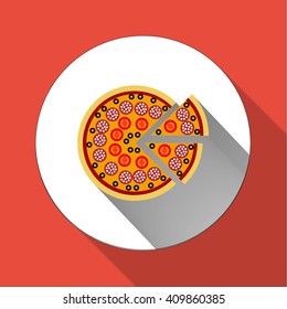 flat pizza icon isolated on white with tomatoes