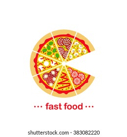  Flat pizza icon. Vector pizza slices. Flat vector pizza ingredients. Isolated pizza icon. Vector pizza icon.