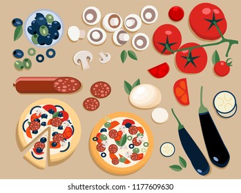 Flat pizza ingredients set entire and cut into pieces: olives, mushrooms, tomato, salami, mozzarella, eggplant. Two ready-made pizzas: whole and sliced. Vector elements for Delivery pizza service