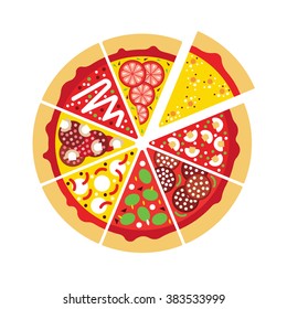 Flat pizza logo. Vector pizza slices. Flat vector pizza ingredients. Isolated pizza logo. Vector pizza logo.