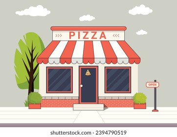 Flat pizza shop vector. flat business shop, restaurants vector illustration. Front-view pizzeria shop with clouds and trees.