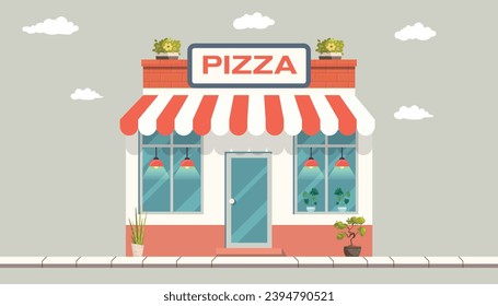 Flat pizza shop vector. flat business shop, restaurants vector illustration. Front-view pizzeria shop,