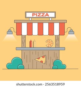 Flat pizza stall illustration with awning and warm tones