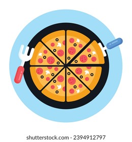 Flat pizza tray icon isolated on blue background 