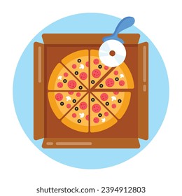 Flat pizza tray icon isolated on blue background 