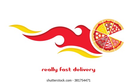 Flat pizza. Vector pizza slices. Isolated slices pizza. Vector pizza delivery. Fast pizza delivery logo.