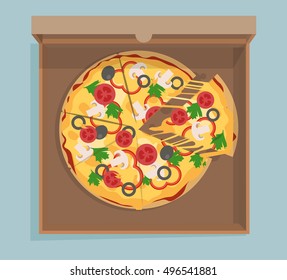Flat pizza with vegetables in delivery box
