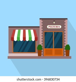 Flat pizzeria restaurant building block infographic concept. Street corner fast food pizza dinner.