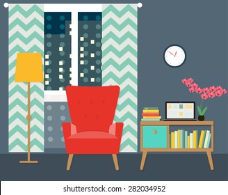 flat place for reading in living room with chair and bookcase. vector illustration